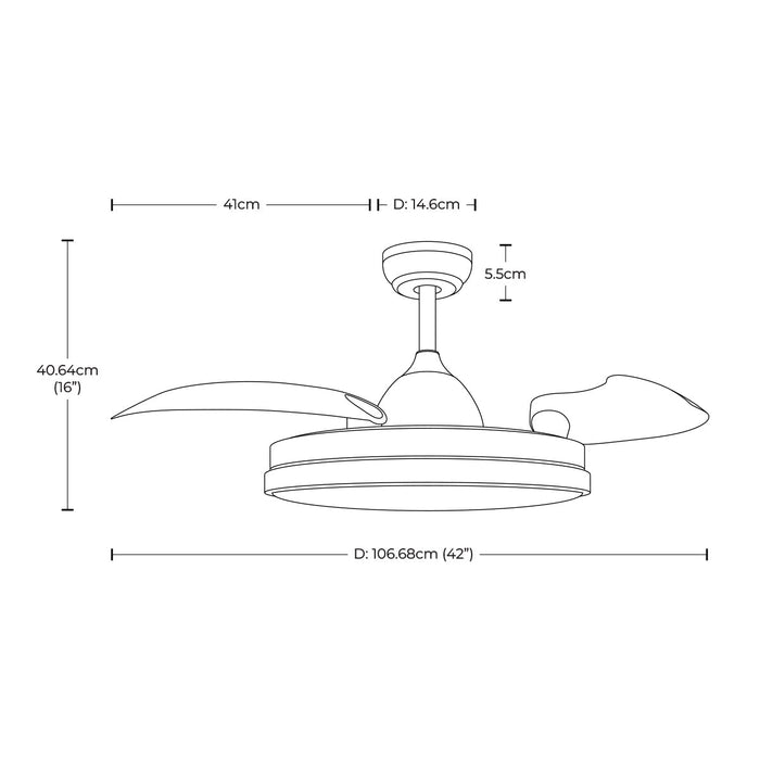Ventilador De Techo Retractil 42", Luz LED, Blanco Mate, 3 Aspas, 6 Velocidades