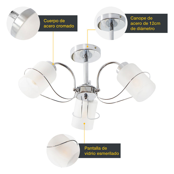 Lámpara Techo Cromo Vidrio Claro Modern Luxe E27 40W 3 Luces