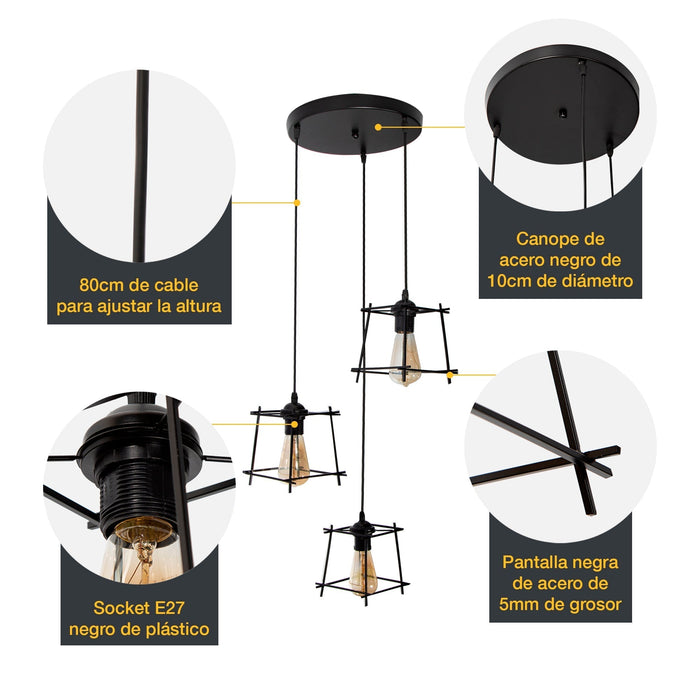 Lámpara Colgante Vintage Negro Mate  60w E27 3 Luces