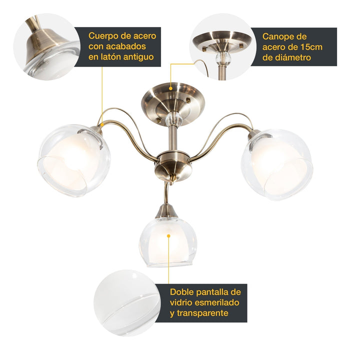 Lámpara de Techo Latón Antiguo Clásico E27 40W 3 Luces