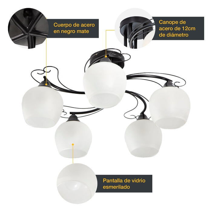 Lámpara Techo Moderno Negro E27 40W 5 Luces
