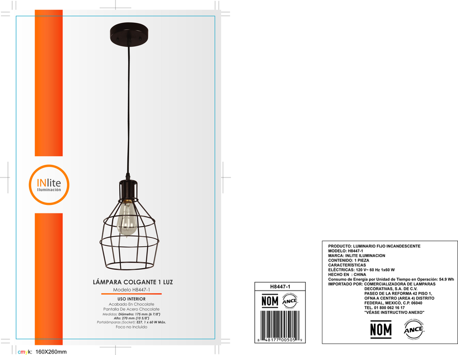 Lámpara Colgante Inlite Vintage Color Chocolate de 1 Luz