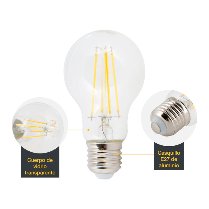 Foco Filamento LED Luz Amarilla Vintage  3000K 7W A60 4 set