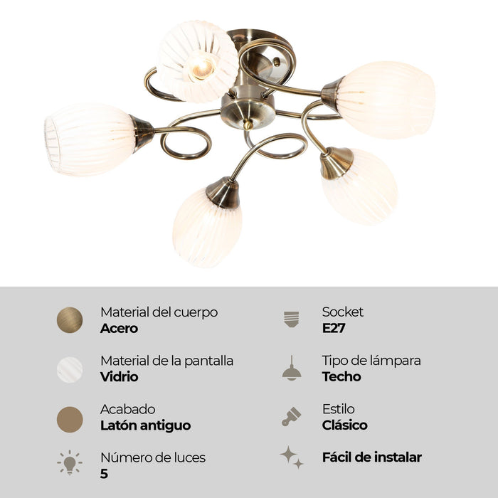 Lámpara de Techo Latón Antiguo Clásico E27 40W 5 Luces