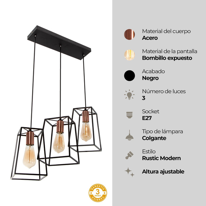 Lámpara Colgante, Negro y Cobre Antiguo, 3 Luces, 40W, E27
