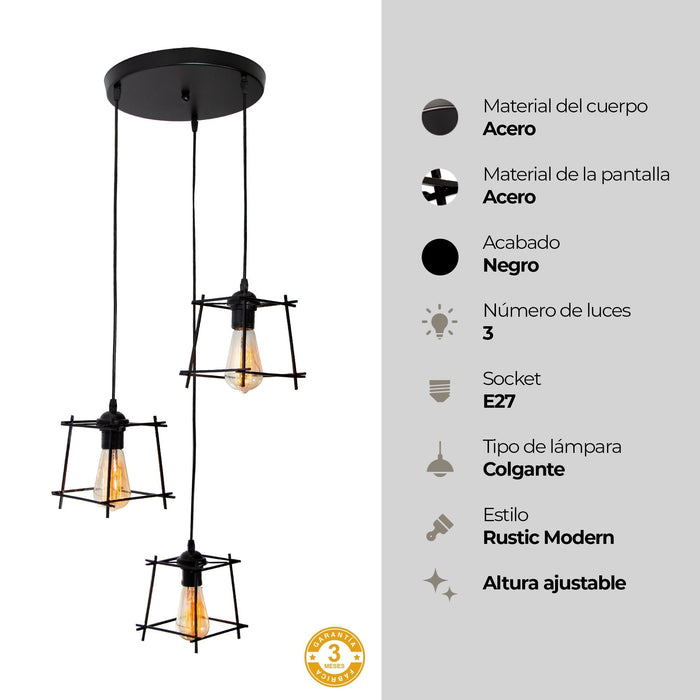 Lámpara Colgante Vintage Negro Mate  60w E27 3 Luces