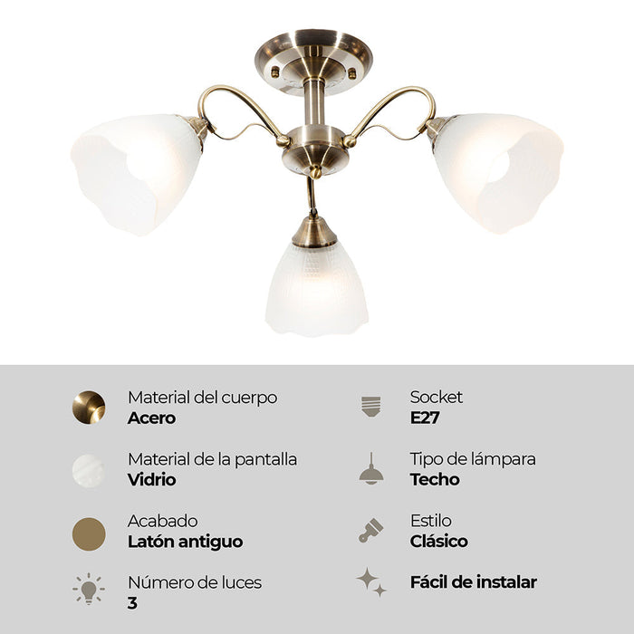 Lámpara de Techo Latón Antiguo Clásico E27 G45 40W 3 Luces
