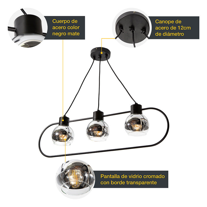 Lámpara colgante Modern Luxe negro E27 40w 3 luces