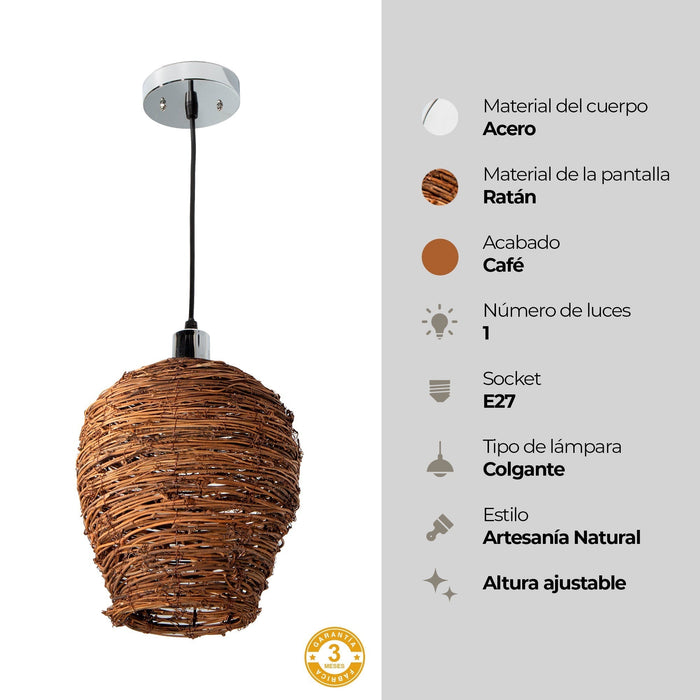 Lámpara Colgante Artesania Natural Ratán Café 10w E27 1 Luz