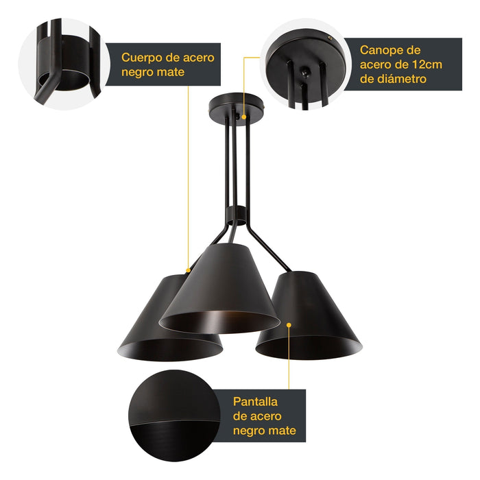 Lámpara Colgante Dark Decor Negro E27 60w 3 Luces