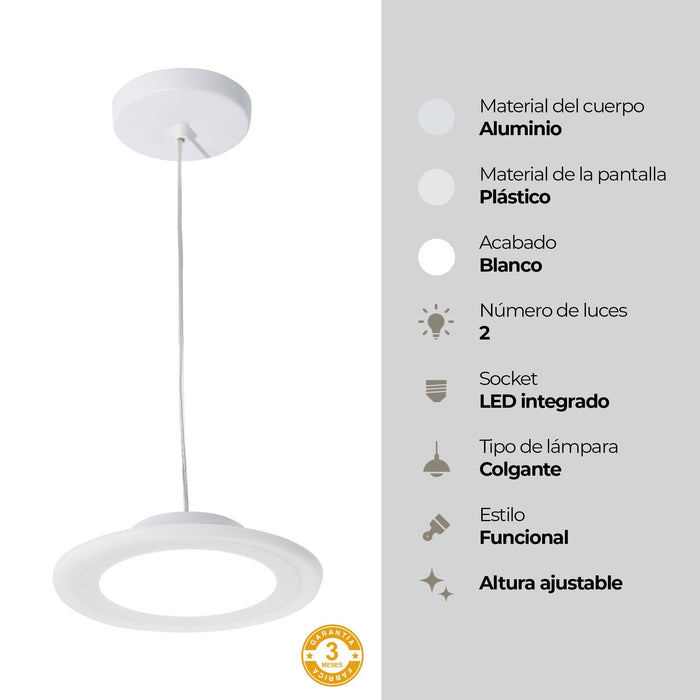 Lámpara Colgante Blanco Luz Led Integrado 16w