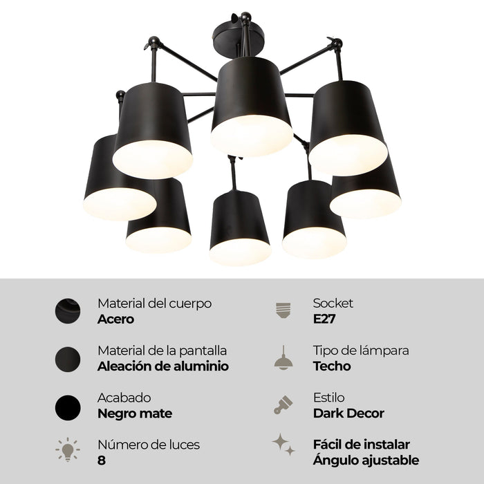 Lámpara de Techo Negro Mate Dark Decor E27 40W 8 Luces