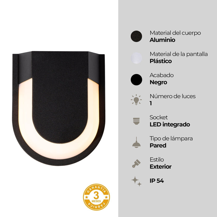 Lámpara de Pared Exterior LED 10W 3000K Luz Cálida Negro IP54