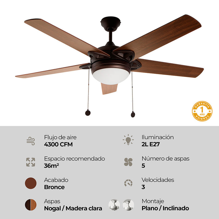 Ventilador De Techo 52" 5 Aspas 1L E27 Con Control De Cadena.