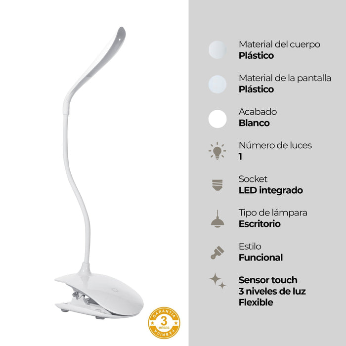 Lámpara Clip Escritorio Libro Lectura LED Luz Blanca 6500K