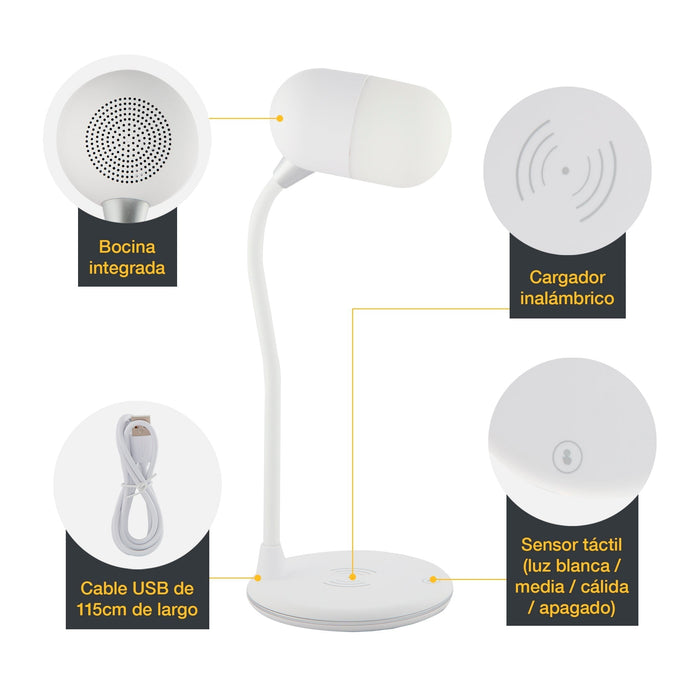 Lámpara de Escritorio LED, cargador Inalámbrico, Altavoz, Bluetooth, Regulable, Cambio de Color, 5w.