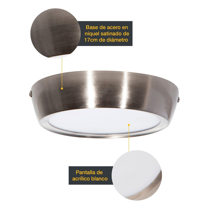 Lámpara de Techo Moderna Plafon Níquel Satinado LED Integrado 12W 6000K Luz Blanca