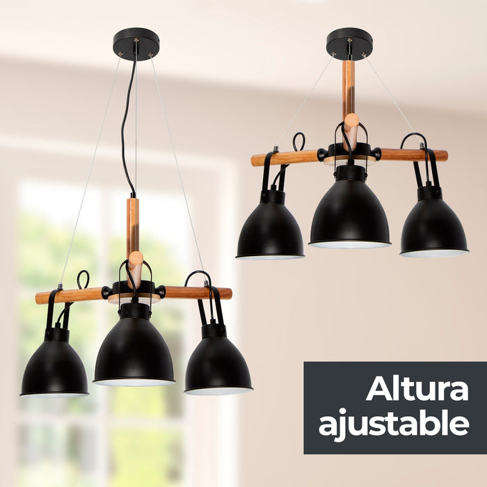 Lámpara Colgante Rustic Modern Negro Madera E27 60W 3 Luces