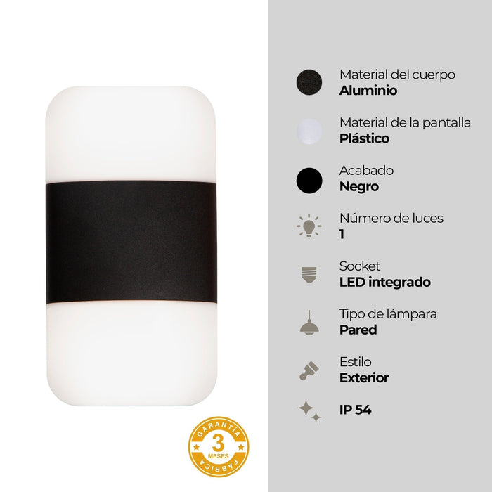Lámpara de Pared Exterior LED 12W 6000K Negro IP54
