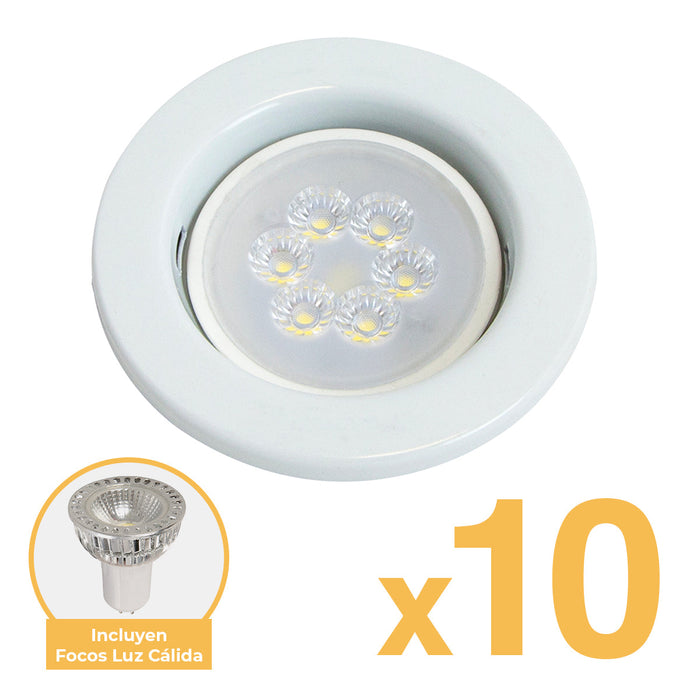 Kit 10 Base Empotrable Spot 50W Blanco + 10 Focos Gu10 3000k