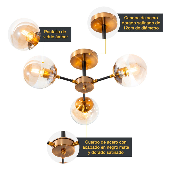 Lámpara de Techo Oro Satinado Ambar E27 40W 3 Luces