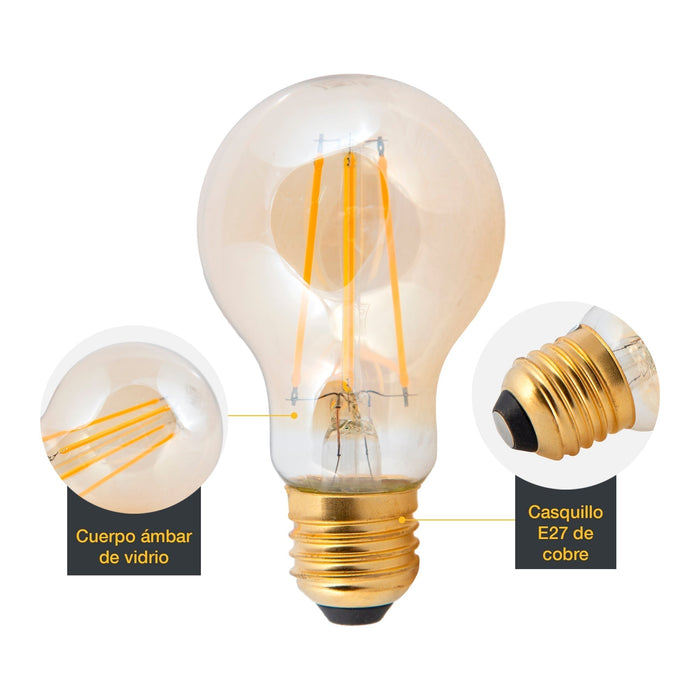Focos Filamento LED Luz Amarilla Ambar Vintage  3000K 7W A60 4 set