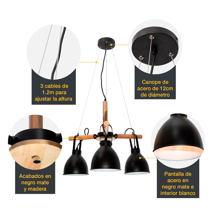 Lámpara Colgante Rustic Modern Negro Madera E27 60W 3 Luces
