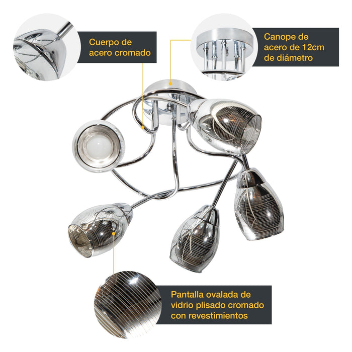 Lámpara Techo Cromo E27 40W 5 Luces