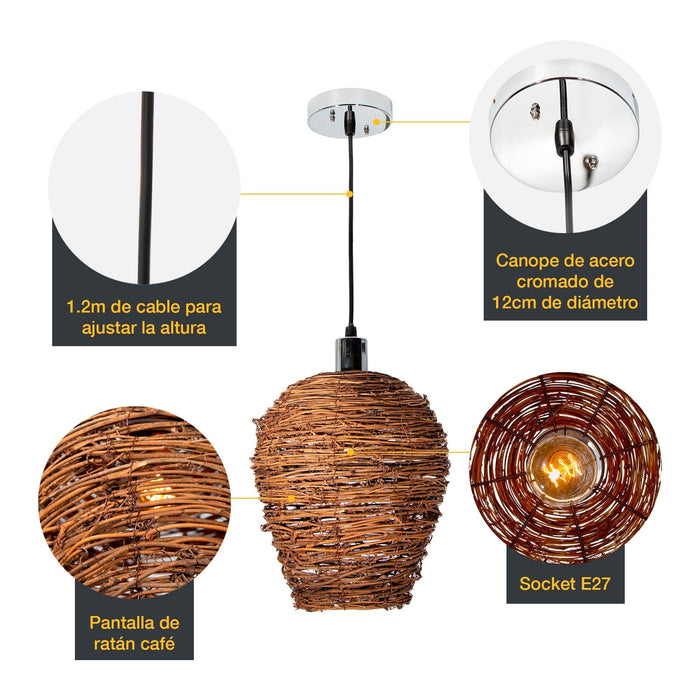 Lámpara Colgante Artesania Natural Ratán Café 10w E27 1 Luz