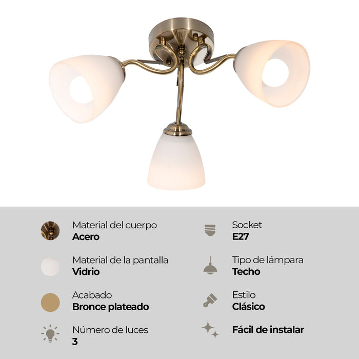 Lámpara de Techo Clásica Bronce E27 40W 3 Luces