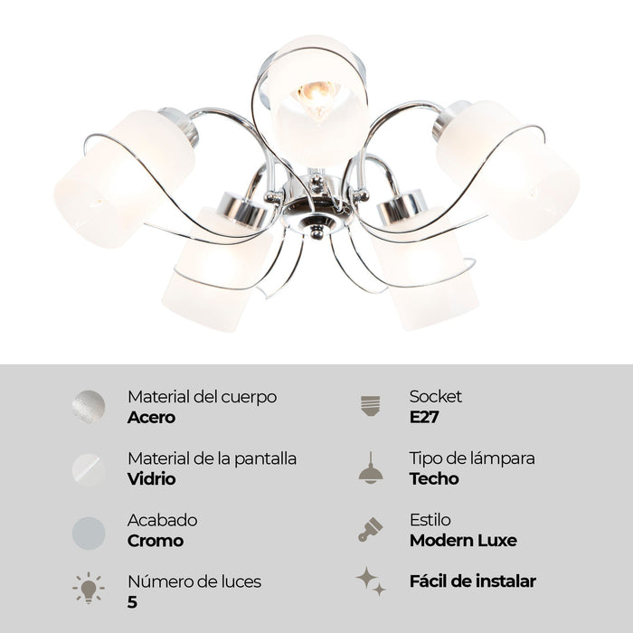 Lámpara Techo Cromo Vidrio Claro Modern Luxe E27 40W 5 Luces