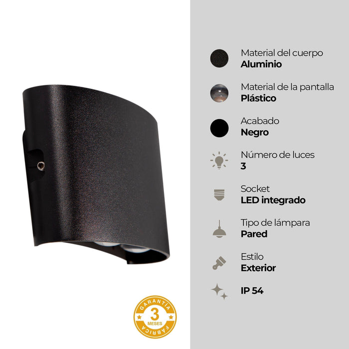 Lámpara de Pared Exterior LED 6W 3000K Luz Cálida IP54