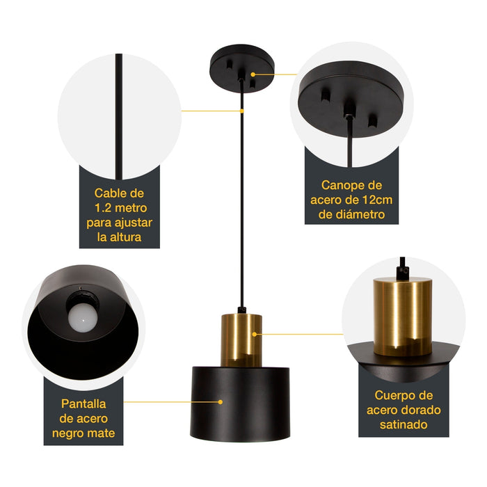 Lámpara Colgante  Vintage Negro Oro Satinado E27 60W 1 Luz