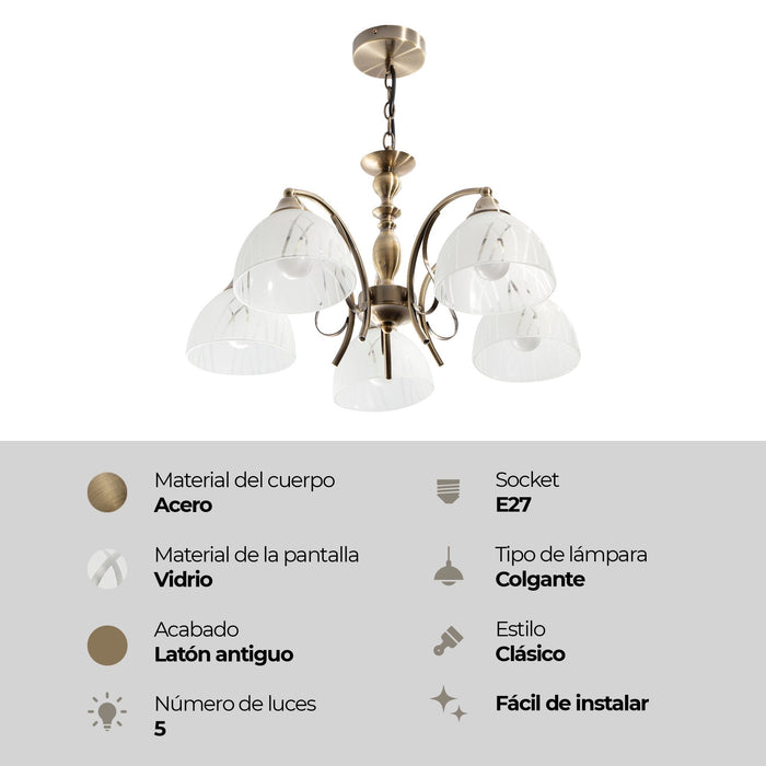 Lámpara Colgante Latón Antiguo Clásico E27 40W 5 Luces