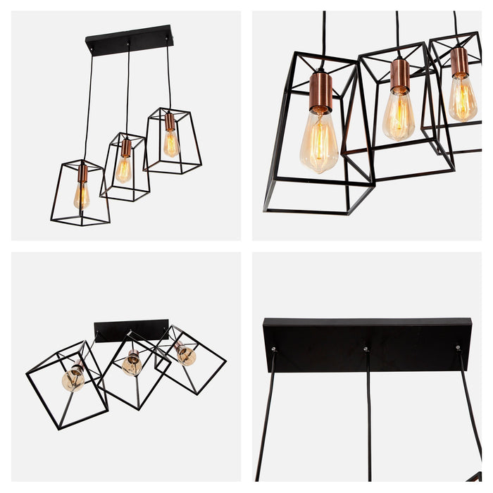 Lámpara Colgante, Negro y Cobre Antiguo, 3 Luces, 40W, E27