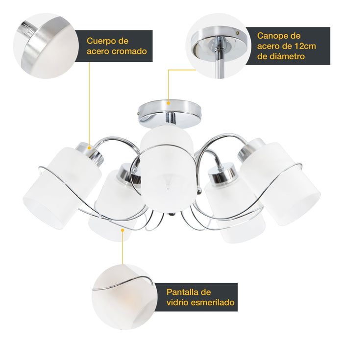 Lámpara Techo Cromo Vidrio Claro Modern Luxe E27 40W 5 Luces