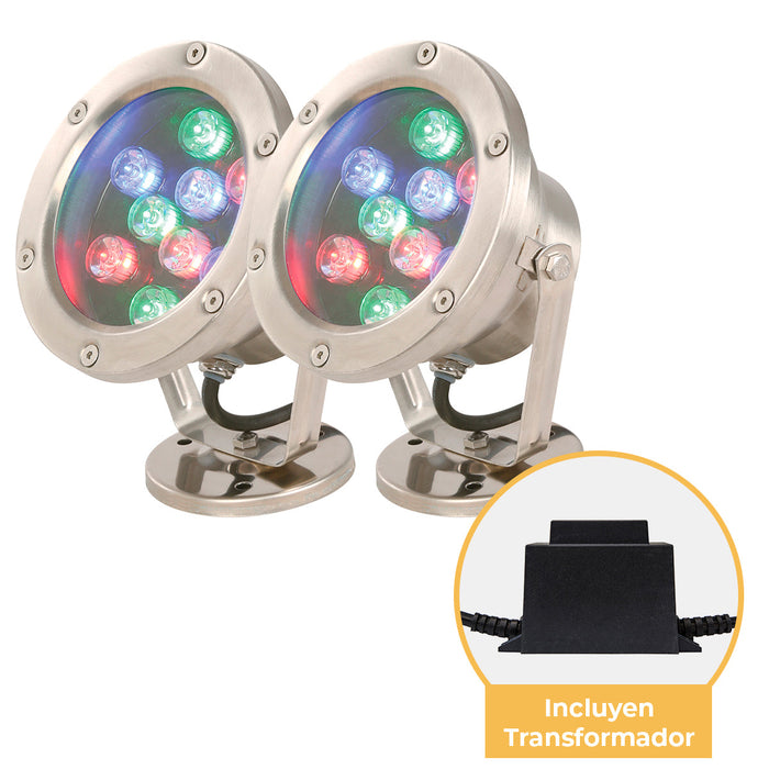 Reflector LED Multicolor 9w 2-Pack Transformador Incluido
