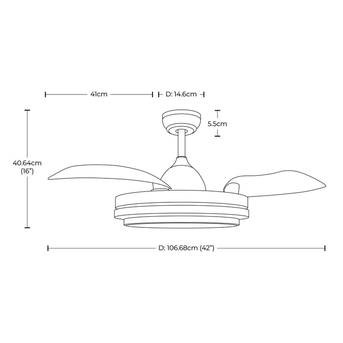 Ventilador de techo retráctil 42”, LED 3000K/4000K/6500K, acabado níquel satinado, 6 velocidades, control remoto