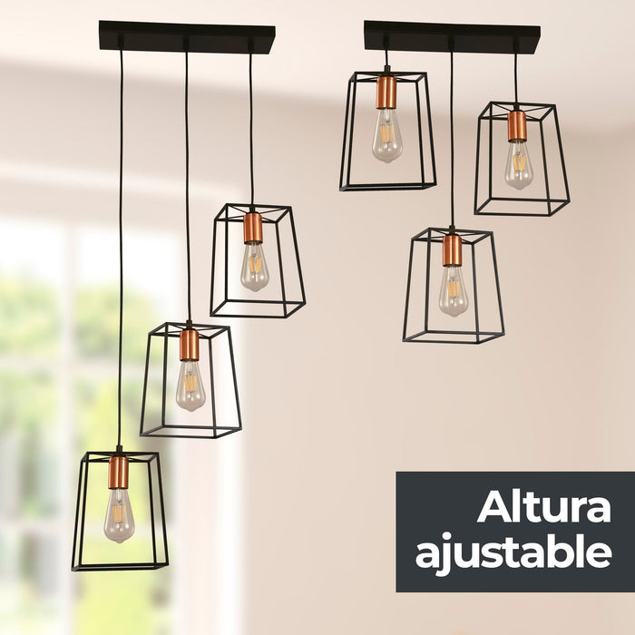 Lámpara Colgante, Negro y Cobre Antiguo, 3 Luces, 40W, E27