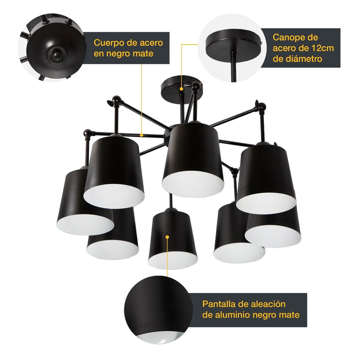 Lámpara de Techo Negro Mate Dark Decor E27 40W 8 Luces