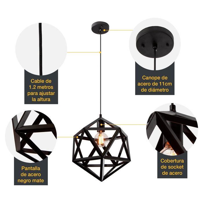 Lámpara Colgante Vintage  Hexágono Negro Mate E27 60w 1 Luz
