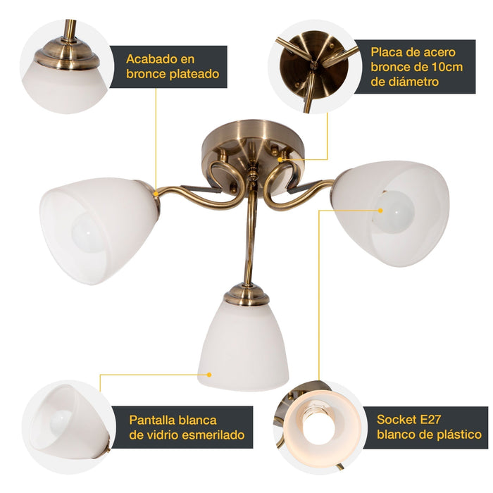 Lámpara de Techo Clásica Bronce E27 40W 3 Luces