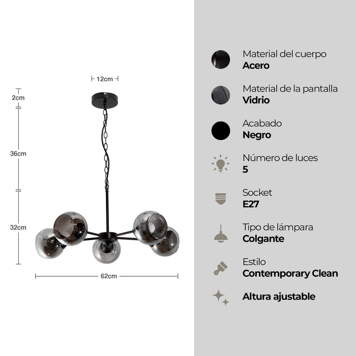Lámpara Colgante Araña Negro Vidrio Ahumado 40w E27 5 Luces