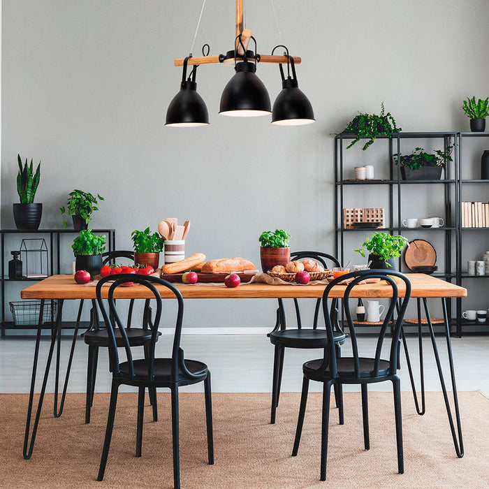Lámpara Colgante Rustic Modern Negro Madera E27 60W 3 Luces