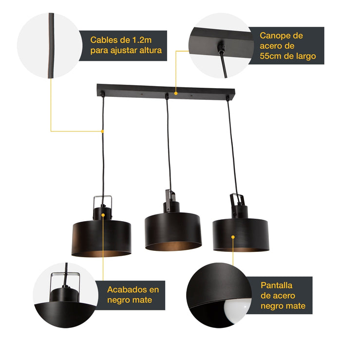 Lámpara Colgante Dark Decor Negro E27 40w 3 Luces