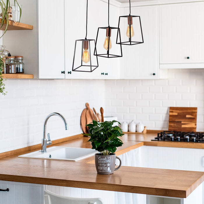 Lámpara Colgante, Negro y Cobre Antiguo, 3 Luces, 40W, E27